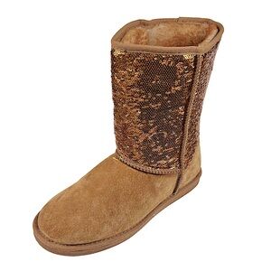 Lamo Asbery Tan Suede/Gold Glitter Pull On Boots Size 8